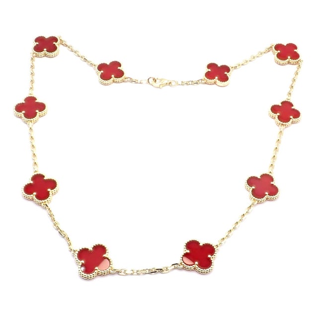 Van Cleef & Arpels 18k Gold 10 Motif Alhambra Carnelian Necklace *This necklace comes with a service paper from a VCA...