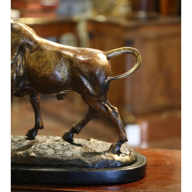 Early 20th Century French Patinated Bronze Bull Sculpture on Black Marble Base For Sale - Image 4 of 9