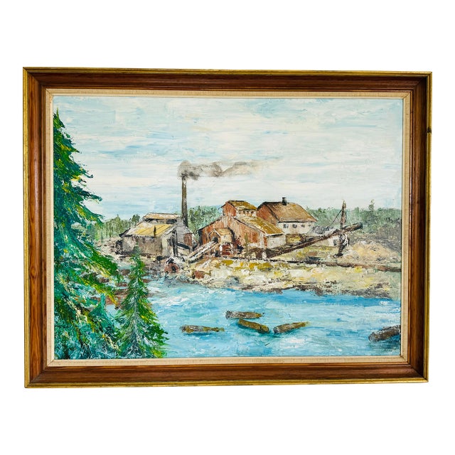 Vintage 1960s Impressionist Framed Grist Mill Oil Painting For Sale