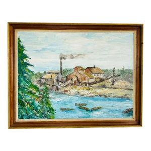 Vintage 1960s Impressionist Framed Grist Mill Oil Painting