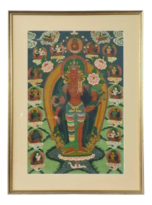 Indian Ceremonial Hindu Deity Hand-Painted on Canvas in Gilded Frame