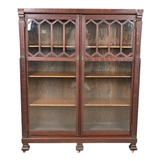 Antique Arts & Crafts Carved Oak Glass Front Double Bookcase, Circa 1900 For Sale