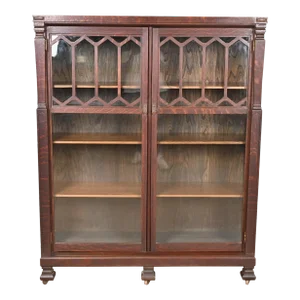 Antique Arts & Crafts Carved Oak Glass Front Double Bookcase, Circa 1900