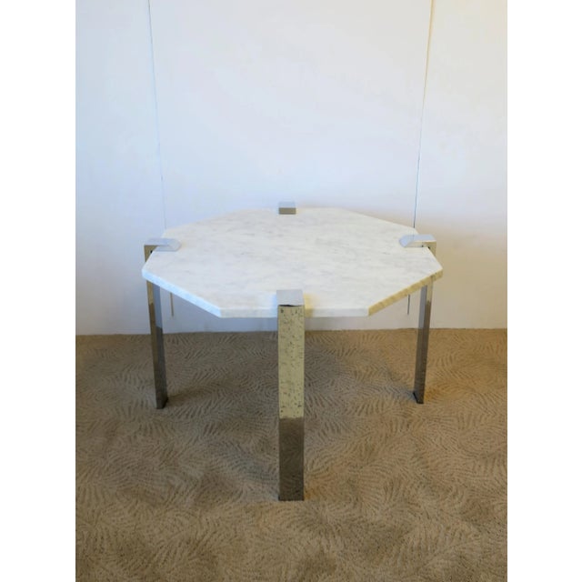 Metal Italian Modern Octagonal Carrara Marble and Chrome Table For Sale - Image 7 of 13