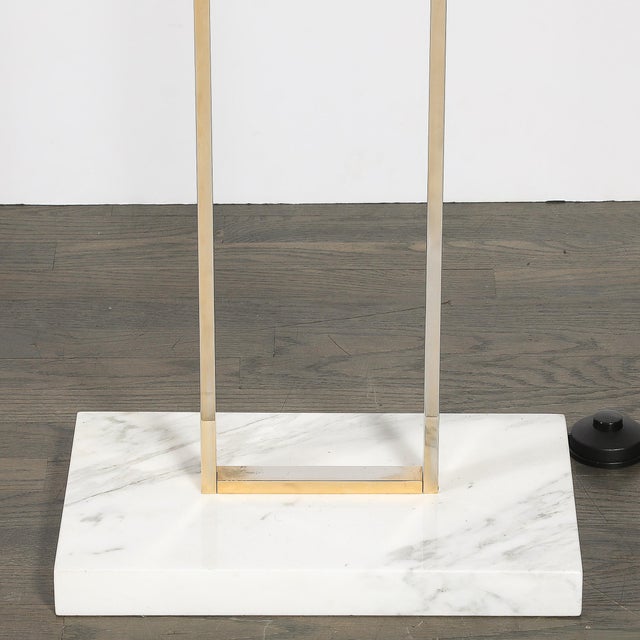 Mid-Century Modern Mid-Century Brass Arch Floor Lamp W/ Textured Glass Medallion & White Marble For Sale - Image 3 of 13