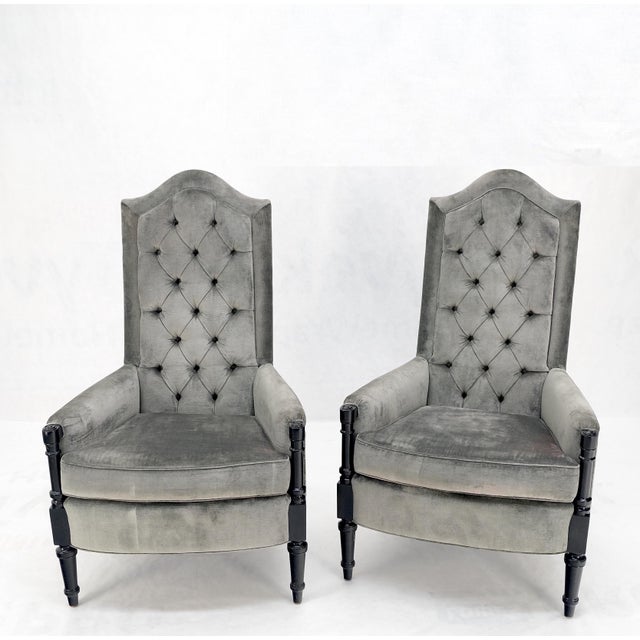 Pair of Tall Tufted Backs Black Lacquer Frames Decorative Arm Chairs Thrones For Sale - Image 13 of 16