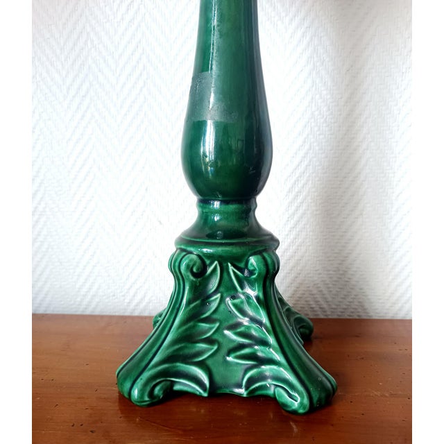Vintage Green Ceramic Lamp and Custom-Made Lampshade, 1950s, in Flawless conditions. Designed 1950 to 1959 European Plug...