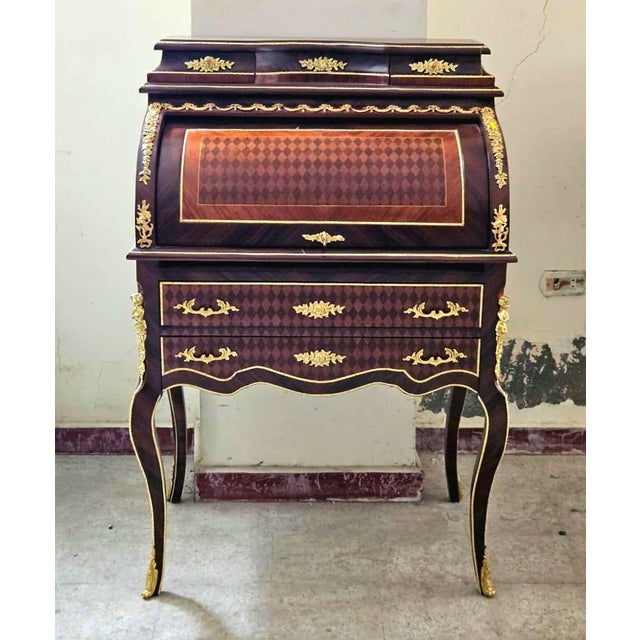 French Roll Top Secretary Desk With Marquetry Inlay & Bronze Accents For Sale - Image 4 of 5