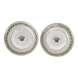 Antique Early 19th Century Chinese Export Porcelain Plates Decorated With Flower Baskets & Grape Vine Border - a Pair