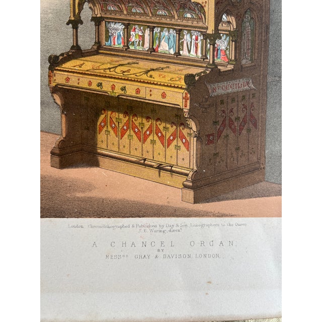 Striking 19th-century chromolithograph depicting a richly ornamented Gothic Revival chancel organ designed by the renowned...