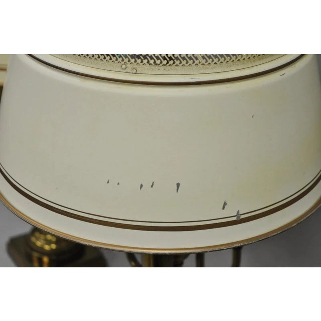 White Vintage French Country Tole Metal Shade Brass Column Candelabra Table Lamps Pair For Sale - Image 8 of 16