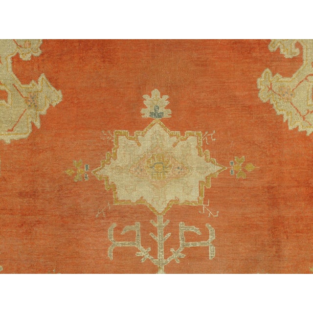 Antique Oushak Carpet, Oriental Rug, Handmade Rug Saffron, Light Blue and Coral For Sale - Image 11 of 18