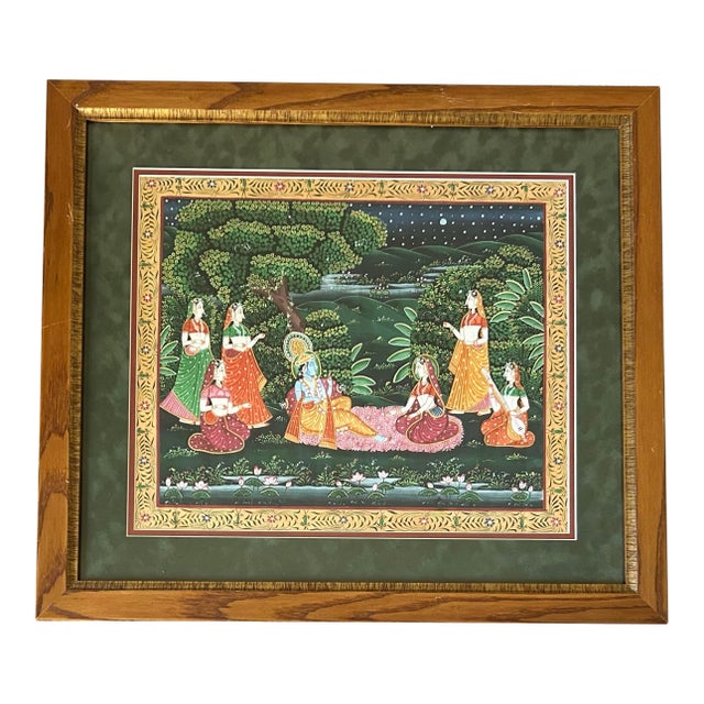 Vintage Original Traditional Indian Painting of Radha and Krishna in a Garden Setting For Sale