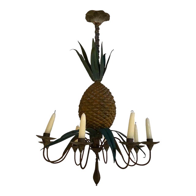 Antique Painted Pineapple Tole and Zinc Candle Chandelier For Sale