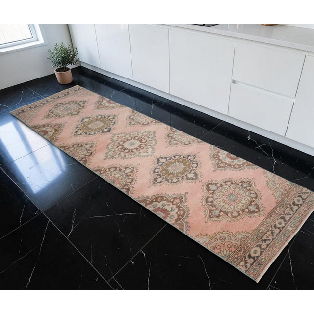 Contemporary Distressed Oushak Runner Rug Faded Colors Low Pile Pink Hallway Decor - 3'1″x 12'5″ For Sale - Image 3 of 12