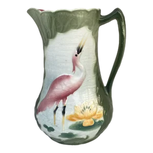 French Majolica Heron Saint Clément Pitcher, Circa 1900