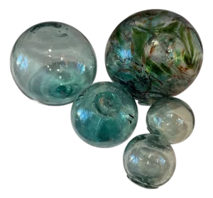 Vintage Glass Decor Fishing Floats Balls With 2001 Custom Art Glass Oregon Float Set of 5