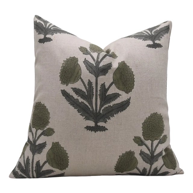Badshah Block Printed Floral Designer House Decor Throw Pillow Cover 22x22 Inch - Pure Linen For Sale