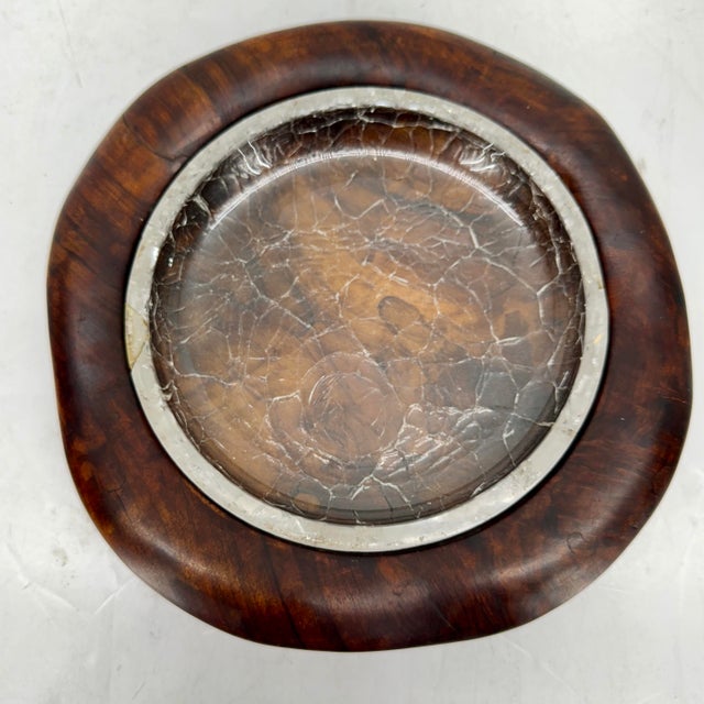 Mid Century Modern Cigar Ashtray in Wood and Crackle Glass. Signed Dan Karney Spain
