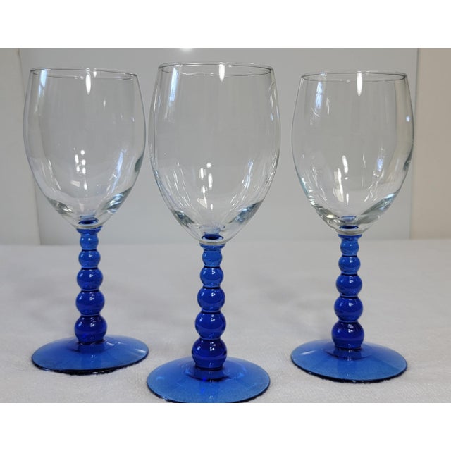 Late 20th Century Late 20th Century Set of 3 Cobalt Blue Bubble Stem Wine Glasses For Sale - Image 5 of 10