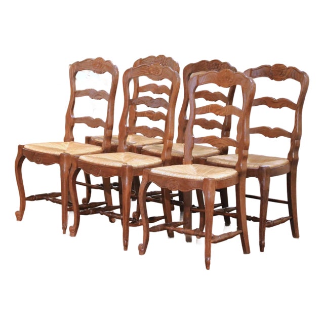 Set of Six French Ladder Back Oak Dining Chairs With Rush Seat From Normandy For Sale