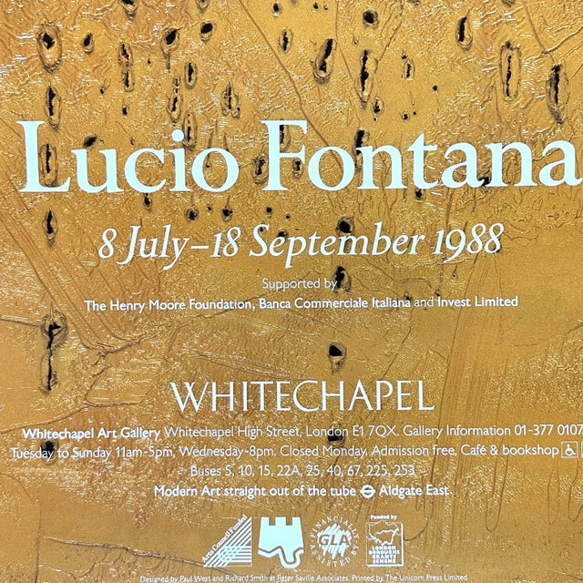 Vintage 1988 Lucio Fontana London Exhibition Poster. Original 1988 Whitechapel Gallery Lucio Fontana poster. In very good...
