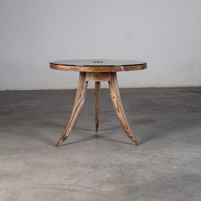 French Bleached Oak Side Table with Glass Top and Brass Detail, 1940s For Sale - Image 3 of 18