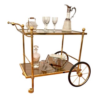 Hollywood Regency Bar Trolley in Brass and Crystal Glass in the style of Dolce Vita by Cesare Lacca, 1970s For Sale
