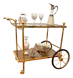Hollywood Regency Bar Trolley in Brass and Crystal Glass in the style of Dolce Vita by Cesare Lacca, 1970s