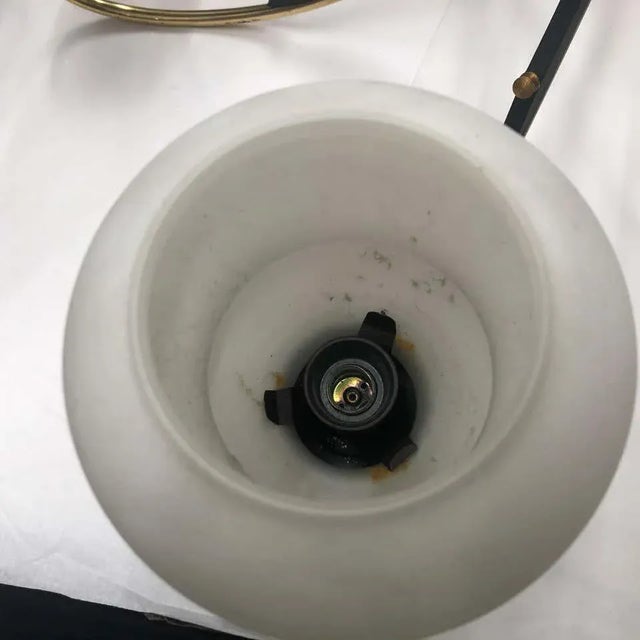 Wood 1950s Italian Mid-Century Modern Brass Ebonized Wood and White Glass Chandelier For Sale - Image 7 of 13