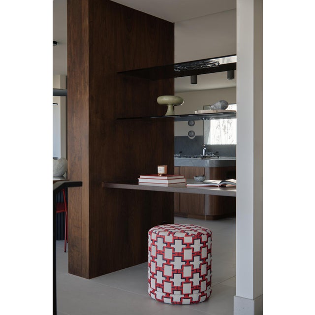 Custom Dedar Fabric Pouf. A geometric motif animates this high-performing polypropylene fabric for indoor or outdoor use....
