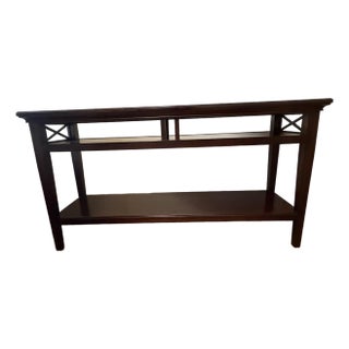 Dark Wood Console Table With X-Brace Sides & Lower Shelf For Sale