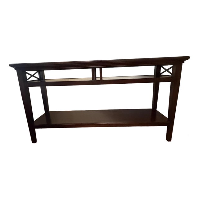 Dark Wood Console Table With X-Brace Sides & Lower Shelf For Sale