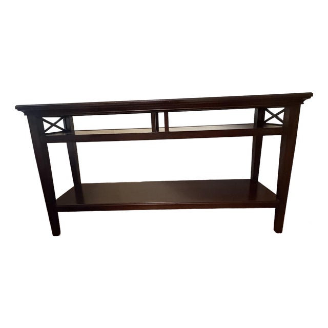 High-End Dark Wood Console Table With X-Brace Sides & Lower Shelf For Sale
