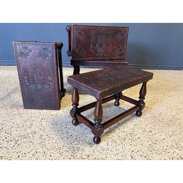 Antique Tooled Leather Top Stools / Tables For Sale - Image 13 of 17