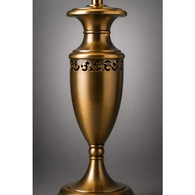Late 20th Century Vintage Transitional Urn Table Lamp in Antique Brass With Pierced Metal Frieze & Linen Drum Shade — 27” - a Pair For Sale - Image 5 of 9