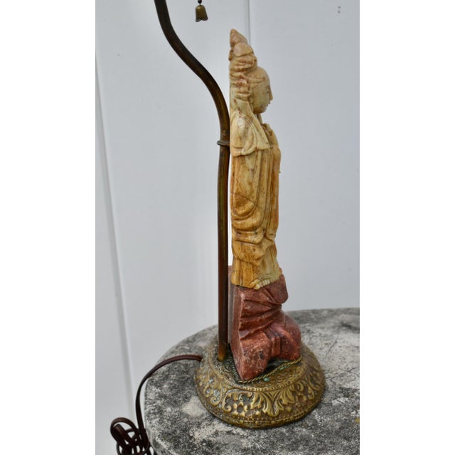 Antique Carved Soapstone Lamp of the Goddess Guanyin on Ornate Brass Base For Sale - Image 9 of 12