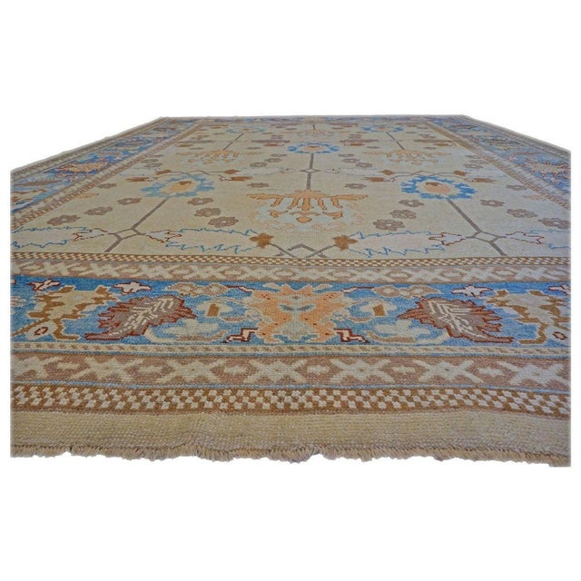 Traditional Turkish Oushak Wool 13X15 Tan, Blue & Red Handmade Area Rug #1140830 For Sale - Image 3 of 4