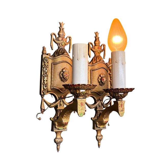 Baroque 1920s Cast Aluminum Wall Sconces With Original Polychrome Finish - Pair For Sale - Image 3 of 9