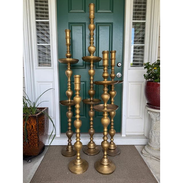 Metal Vintage 1960s Moroccan Etched Brass Pillar Altar Floor Candle Stands = 5 Altars (35 Pieces) For Sale - Image 7 of 15