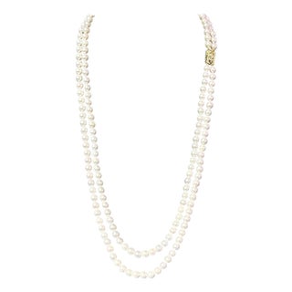 Akoya Pearl Diamond Double Stranded Necklace 14k Y Gold Certified For Sale
