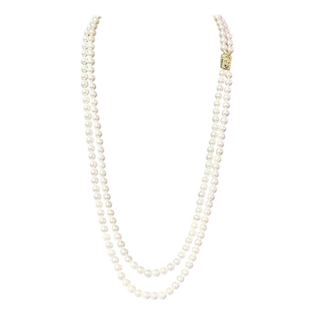 Akoya Pearl Diamond Double Stranded Necklace 14k Y Gold Certified For Sale