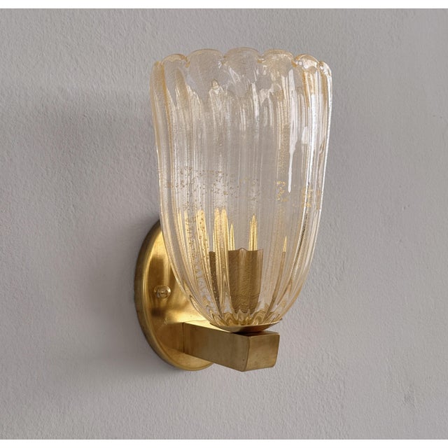 Gold Italian Art Deco Style Brass and Murano Glass Wall Sconces, 1990s, Set of 2 For Sale - Image 8 of 16