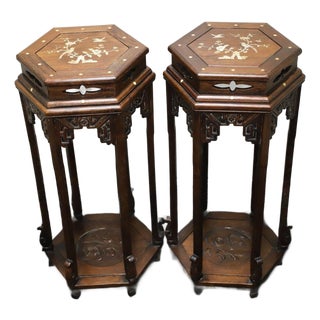 Pair of Vintage Chinese Hardwood Inlaid Hexagonal Pedestal Tables (Flower Stands) For Sale