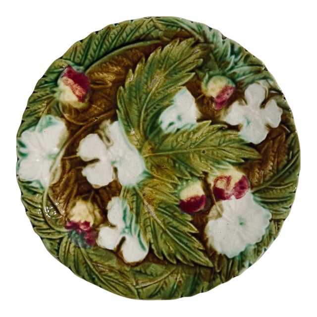Antique French Majolica Strawberries and Flowers Plate For Sale