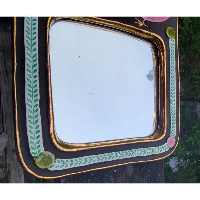 Mid-Century Modern Mithe Espelt Ceramic Wall Mirror Pink & Green Birds For Sale - Image 3 of 10