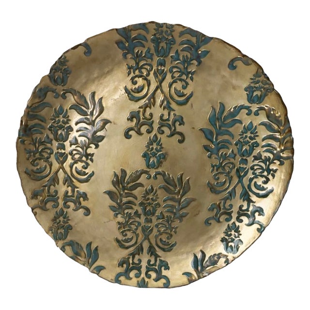 Monumental Mid 20th Century Old World Brass Charger With Verdigris Damask Relief For Sale