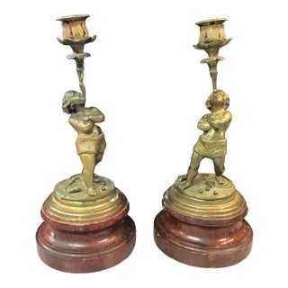 Late 19th Century Continental Bronze Boy Acrobat Candleholders- a Pair For Sale