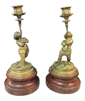 Late 19th Century Continental Bronze Boy Acrobat Candleholders- a Pair
