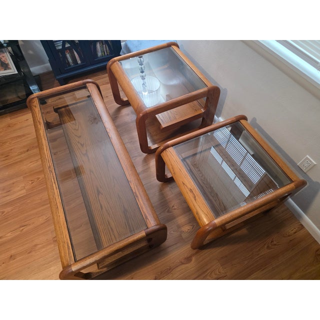 Wood Lou Hodges Mersman Waldron Smoked Glass Oak Rectangular Coffee Table 1970's For Sale - Image 7 of 9